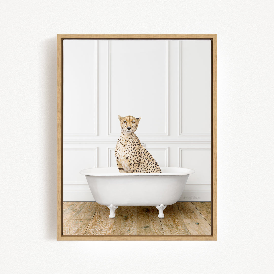 A cheetah sitting in a white bathtub against a white wall.