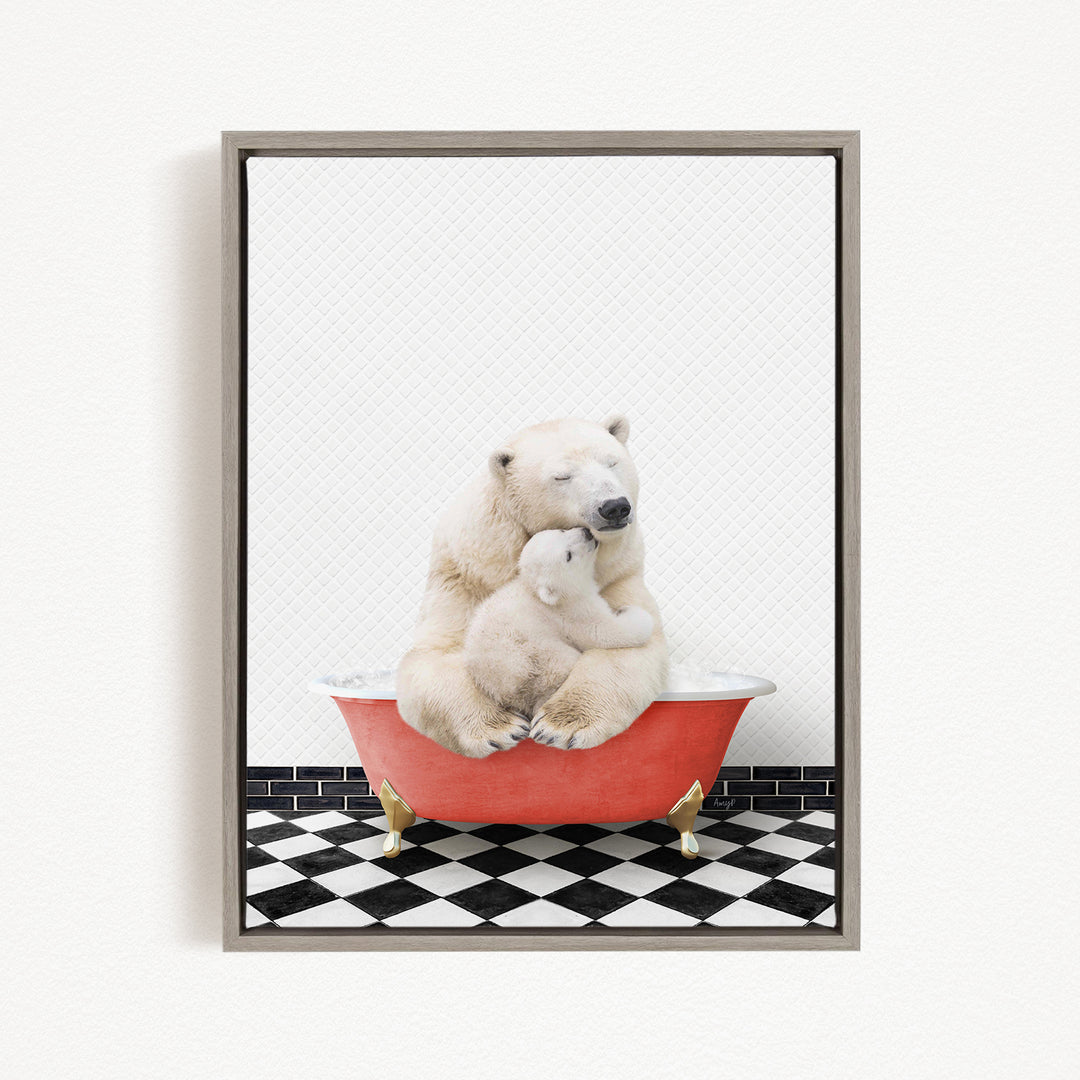 A polar bear sitting in a red bathtub, with a smaller polar bear nestled next to it, against a white background with a black and white checkered floor.