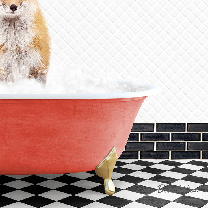 A fluffy cat sitting in a red bathtub filled with bubbles, with a black and white checkered floor and a brick wall in the background.