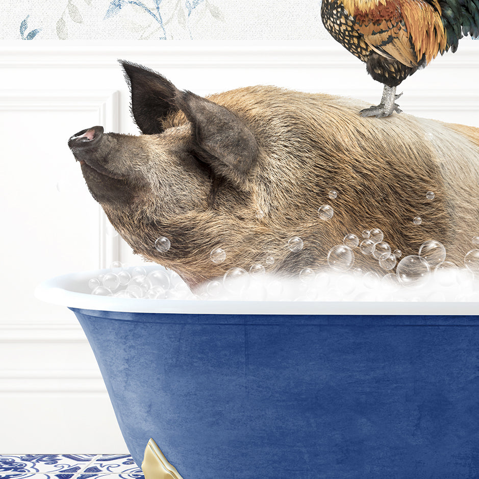 a pig in a bathtub with a chicken on top of it