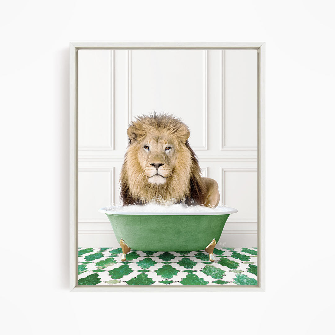 A lion sitting in a green bathtub filled with water, surrounded by a green and white patterned floor.