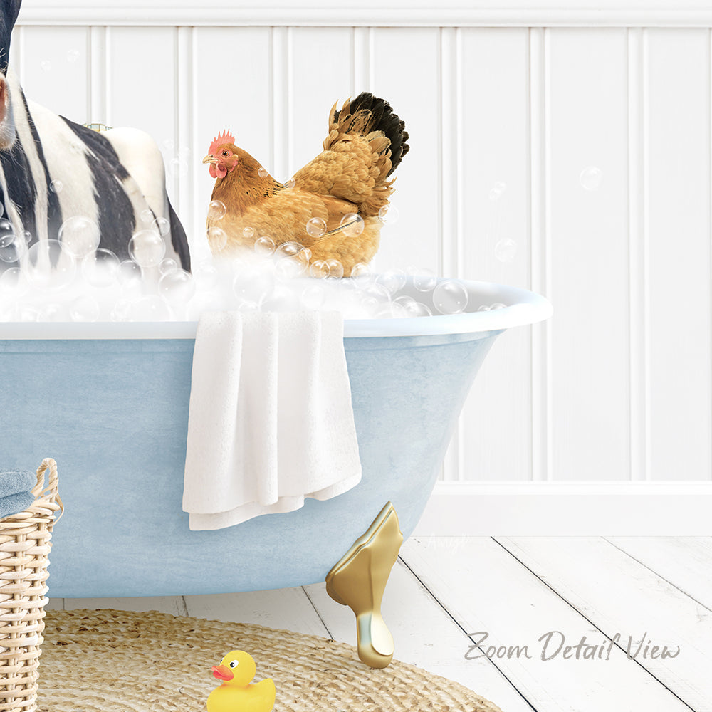 A chicken is sitting in a bathtub filled with bubbles, surrounded by a towel, a rubber duck, and a basket.