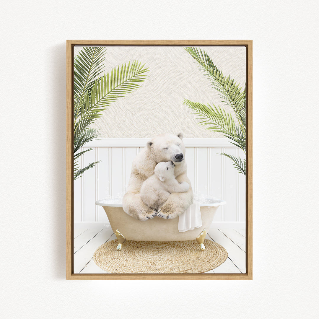 A framed image depicting two polar bears sitting in a bathtub, surrounded by palm leaves.