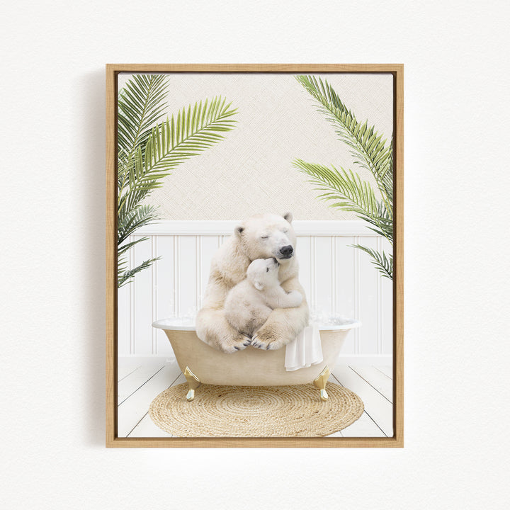 A framed image depicting two polar bears sitting in a bathtub, surrounded by palm leaves.