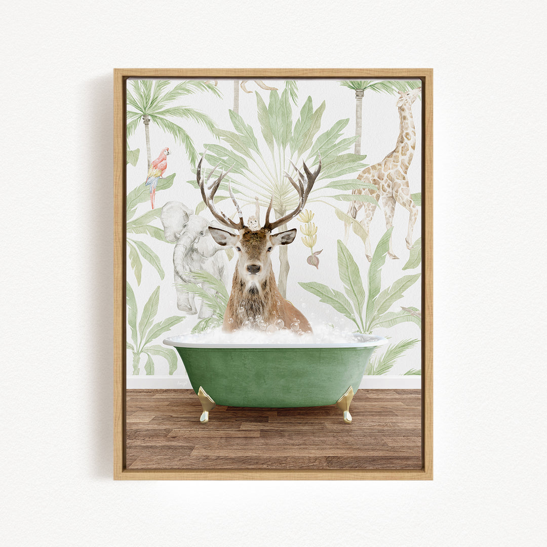 A deer with antlers is sitting in a green bathtub, surrounded by tropical foliage and a giraffe.