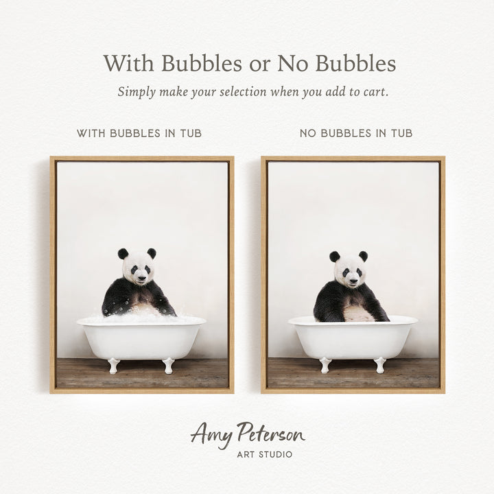 The image is a collage of two pictures featuring a panda bear sitting in a bathtub. The panda bear is sitting in a white bathtub, and the image is labeled with the text "With Bubbles or No Bubbles" and "With Bubbles in Tub" to indicate the presence of bubbles in the tub.