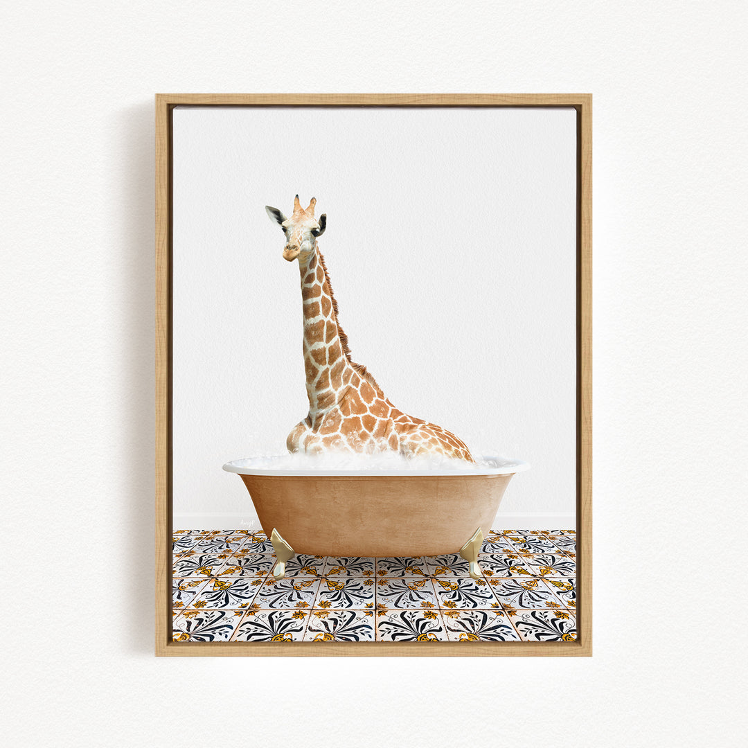 A giraffe sitting in a bathtub filled with water, surrounded by a patterned tile floor.