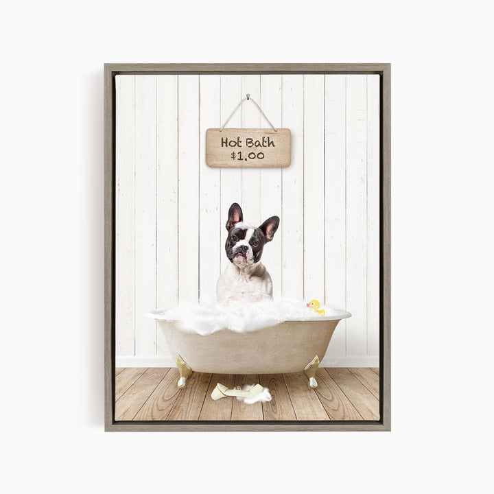A French Bulldog sitting in a bathtub filled with bubbles, with a sign above the tub indicating a hot bath for $1.00.