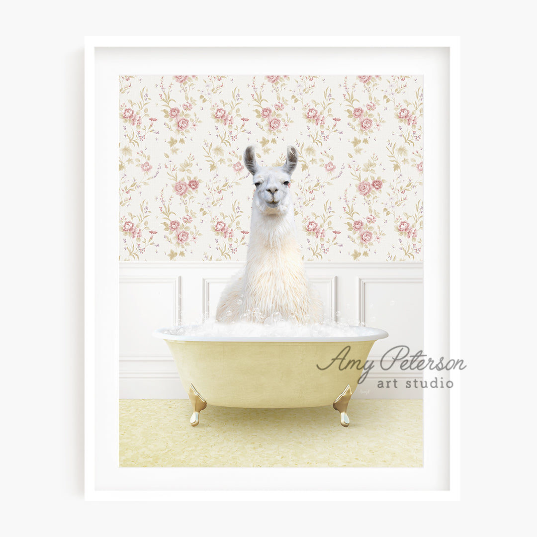 a llama sitting in a bathtub with a floral wallpaper behind it