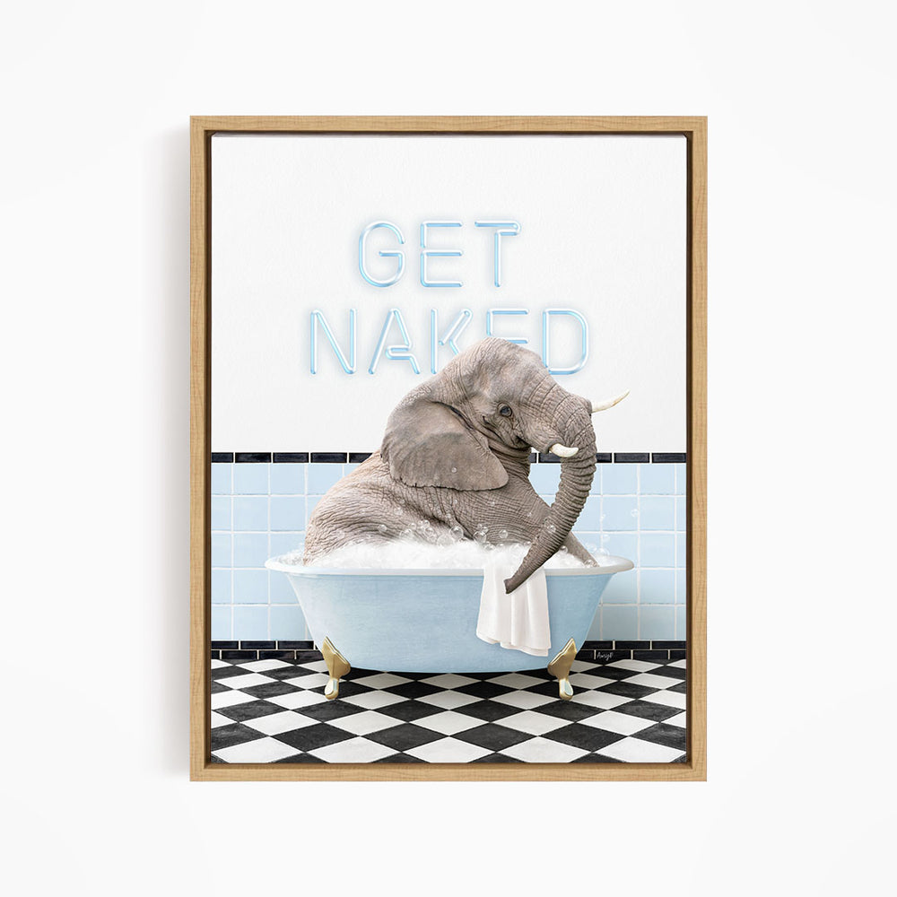 An elephant sitting in a bathtub with the text "GET NAKED" written above it.
