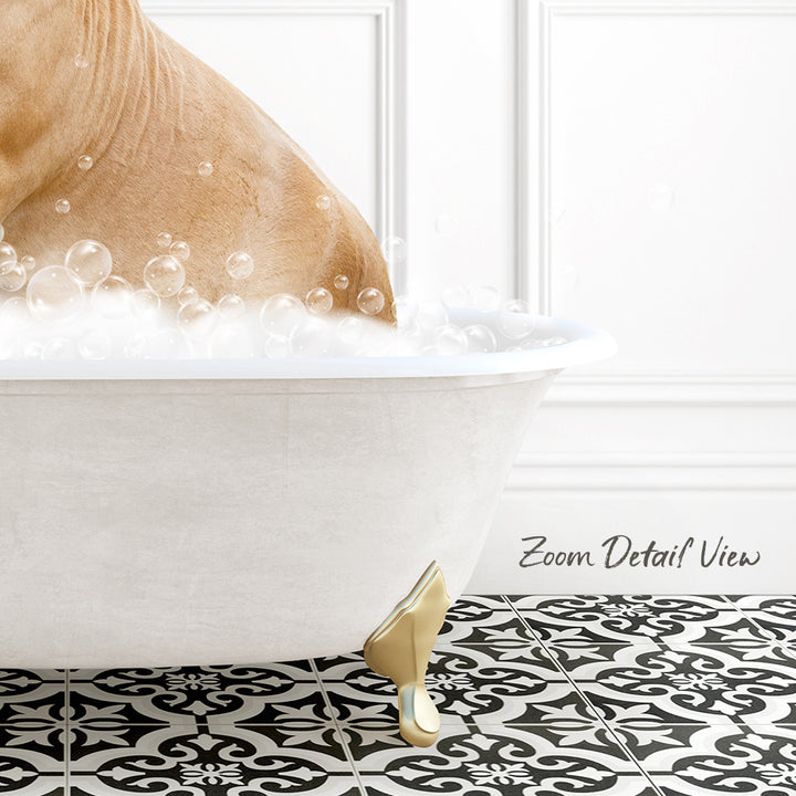 A bathtub filled with bubbles, with a person's body partially submerged in the water.