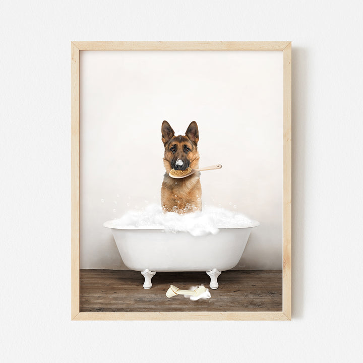 a dog sitting in a bathtub with a toothbrush in its mouth