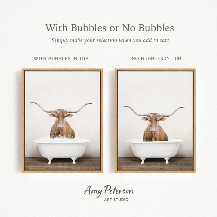 The image is a collage of two pictures featuring a bull with horns in a tub. The bull is shown in two different frames, one with bubbles and the other without bubbles. The text above the images reads "With Bubbles or No Bubbles Simply make your selection when you add to cart."