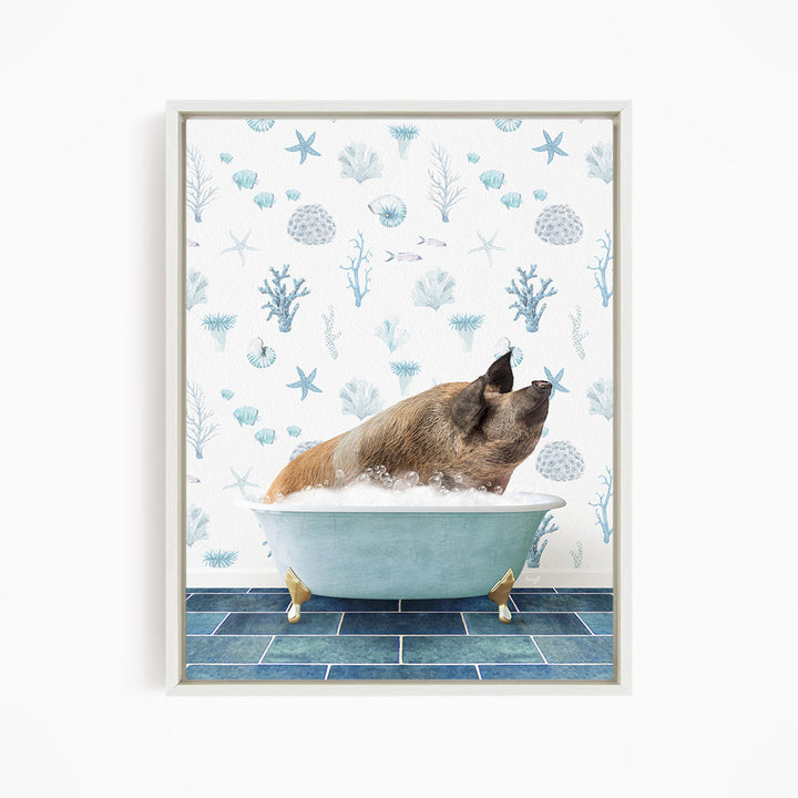 A brown pig is sitting in a blue bathtub filled with bubbles, surrounded by a pattern of seashells and starfish on the wall behind it.