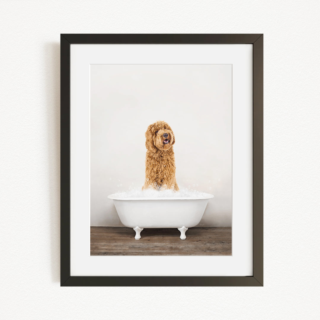 A brown and white dog standing in a white bathtub filled with water, with its tongue hanging out, appears to be enjoying a bath.