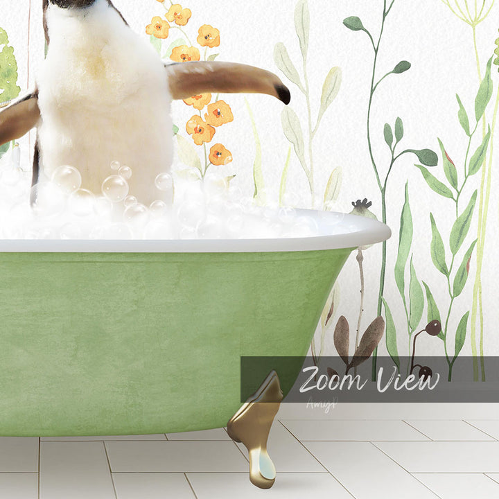 A cat sitting in a green bathtub filled with bubbles, surrounded by a floral wallpaper.