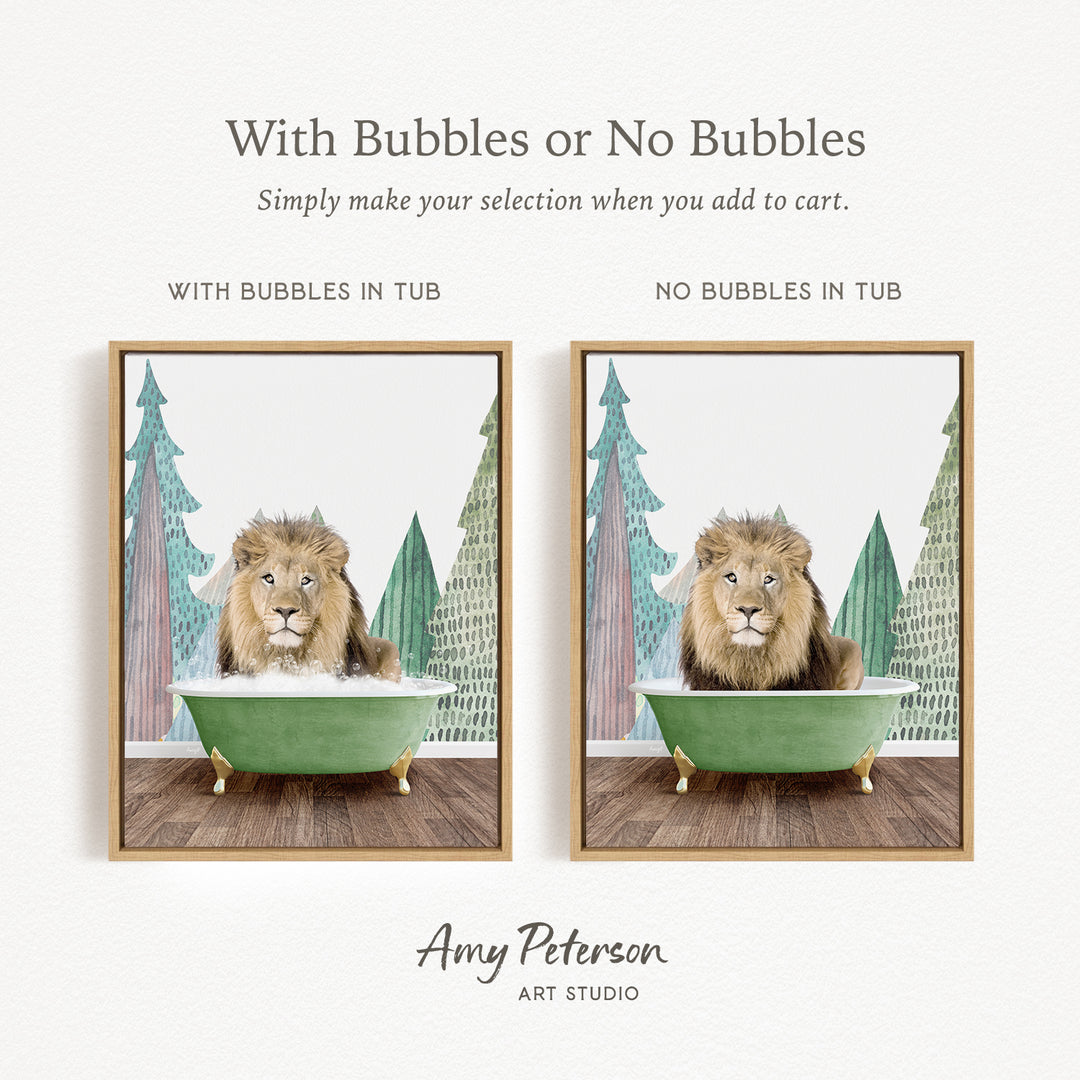 The image is a collage of two pictures featuring a lion sitting in a green bathtub. The lion appears to be enjoying a relaxing bath, surrounded by a forest-like background. The collage includes a caption that reads "With Bubbles or No Bubbles" and "With Bubbles in Tub" for each version, suggesting that the selection of the lion in the bathtub can be adjusted based on the desired level of bubbles.