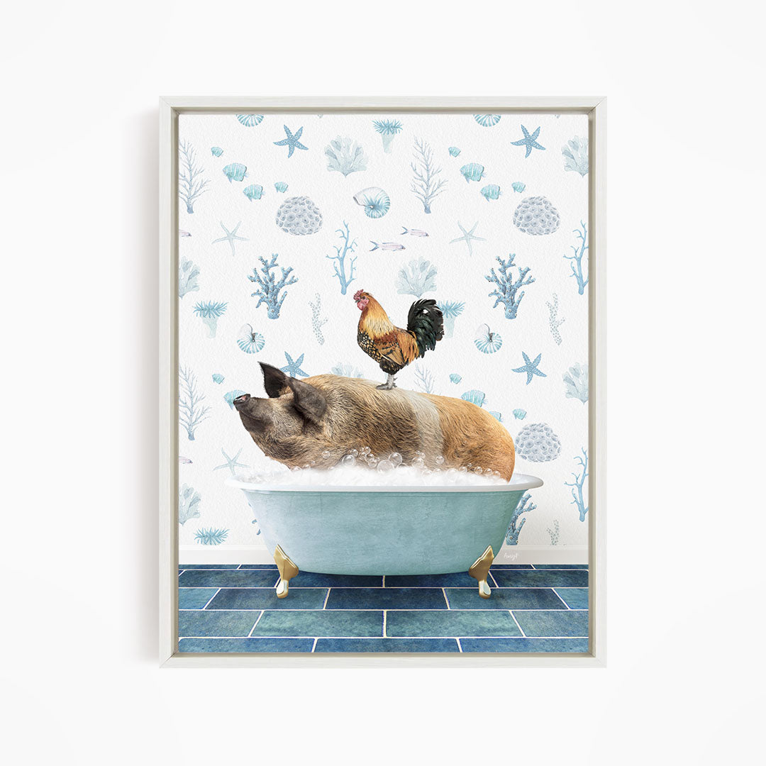 A rooster sits atop a pig in a blue bathtub, surrounded by a pattern of seashells, starfish, and other marine life.