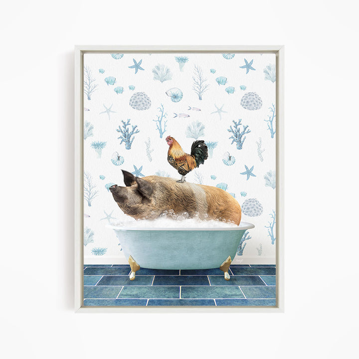 A rooster sits atop a pig in a blue bathtub, surrounded by a pattern of seashells, starfish, and other marine life.
