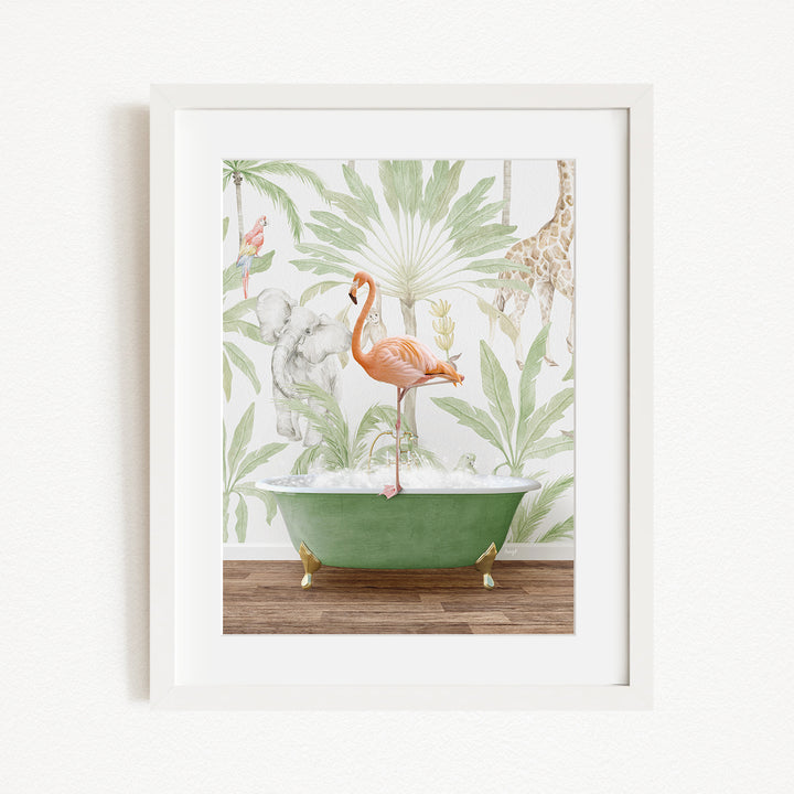 A framed print depicting a pink flamingo standing in a green bathtub, surrounded by tropical foliage and animals, including a giraffe and elephant.