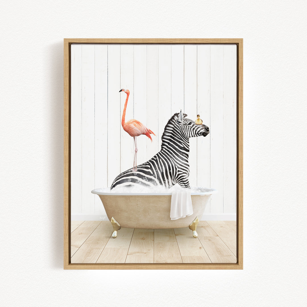 A zebra is sitting in a bathtub, surrounded by a pink flamingo and a bird, creating a whimsical and playful scene.