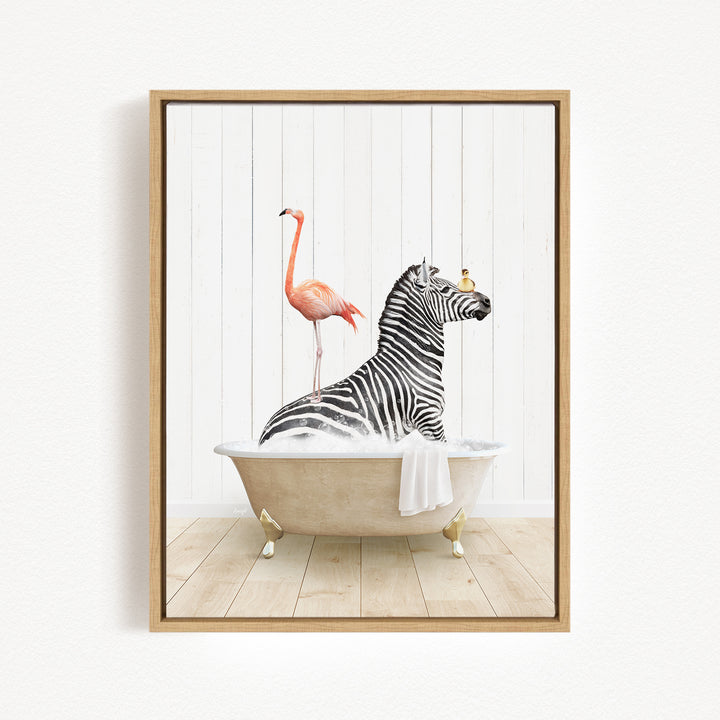 A zebra is sitting in a bathtub, surrounded by a pink flamingo and a bird, creating a whimsical and playful scene.