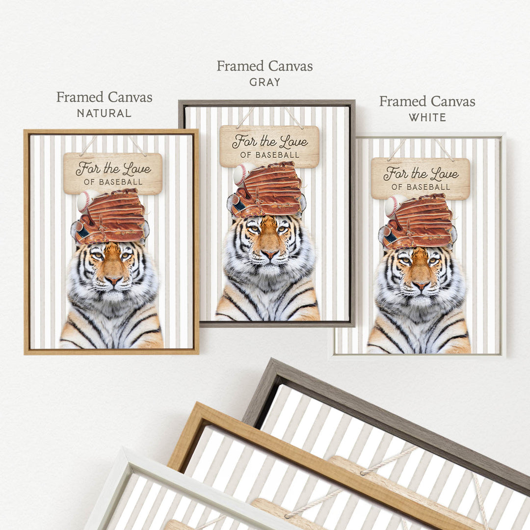 a framed canvas with a tiger wearing a baseball hat and holding a baseball glove.