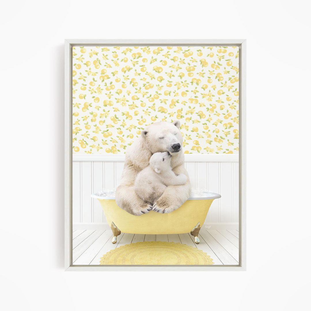 A polar bear is sitting in a yellow bathtub, with a yellow mat on the floor in front of it.
