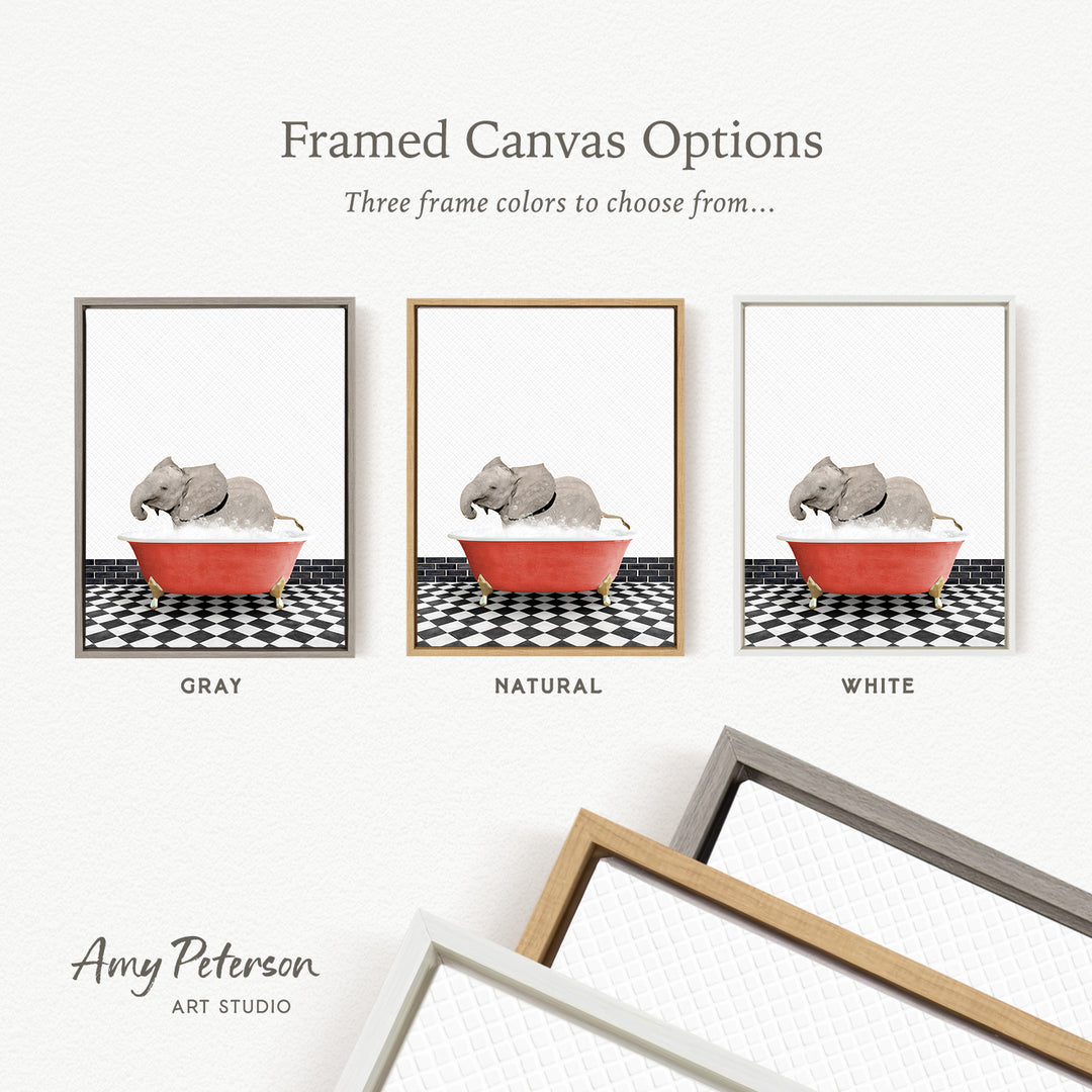 three framed canvas options, each featuring a different color of frame and a picture of an elephant in a bathtub.