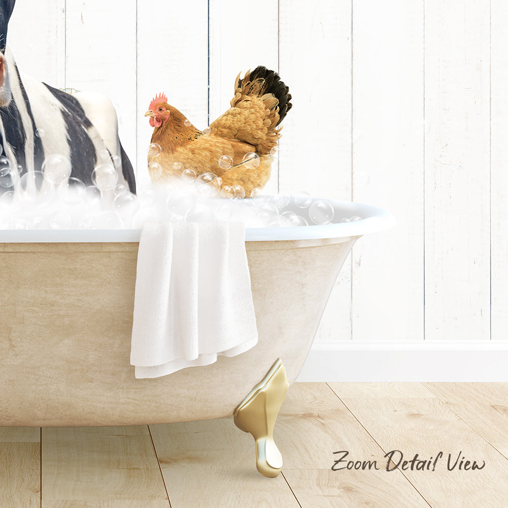 A chicken standing in a bathtub filled with bubbles, with a towel and a wooden floor visible in the background.