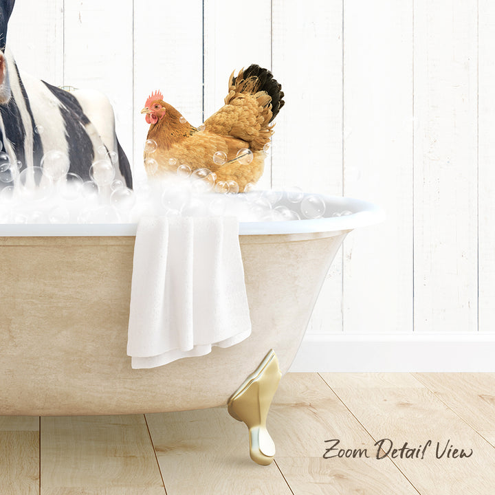 A chicken standing in a bathtub filled with bubbles, with a towel and a wooden floor visible in the background.