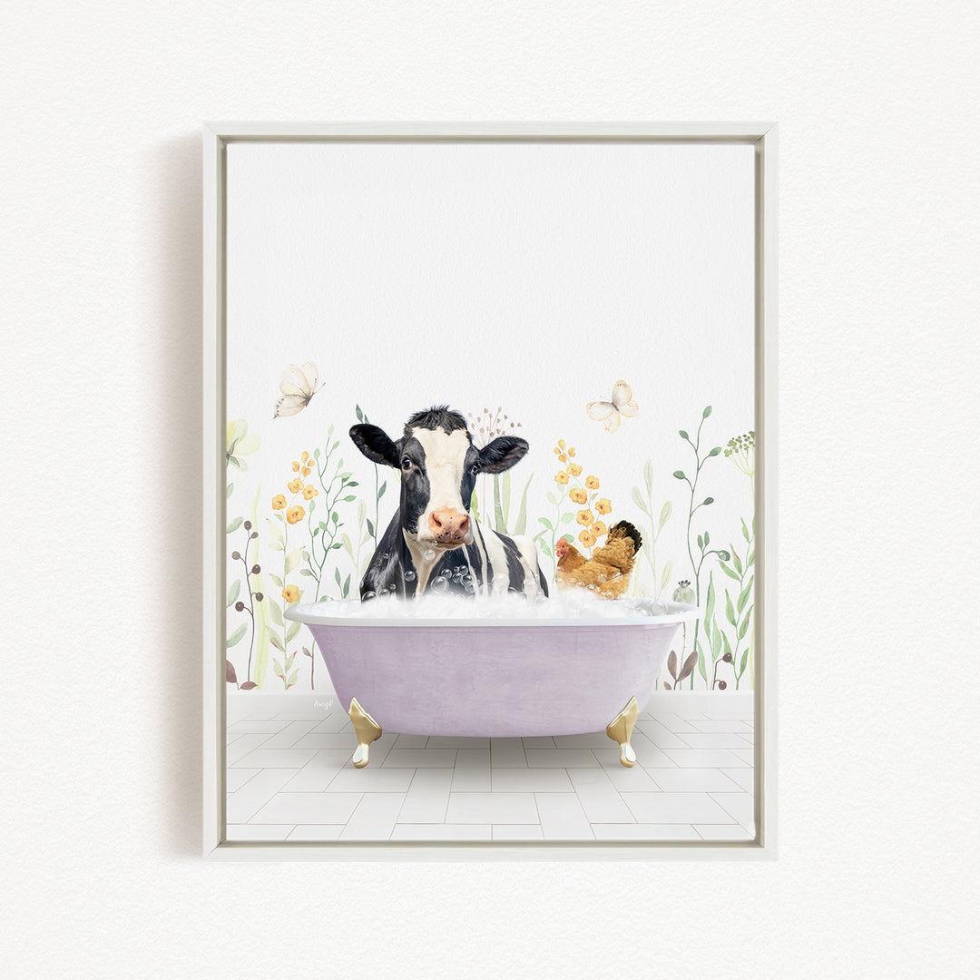A cow is sitting in a bathtub filled with water, surrounded by flowers and butterflies, creating a whimsical and playful scene.