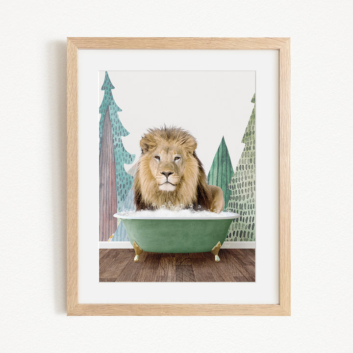 A lion is sitting in a green bathtub, surrounded by trees and a forest-like background.