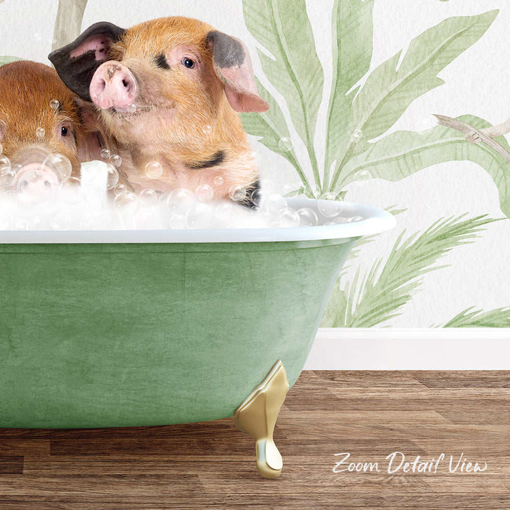 A pair of adorable pigs enjoying a relaxing bath in a green clawfoot tub, set against a backdrop of lush palm leaves.