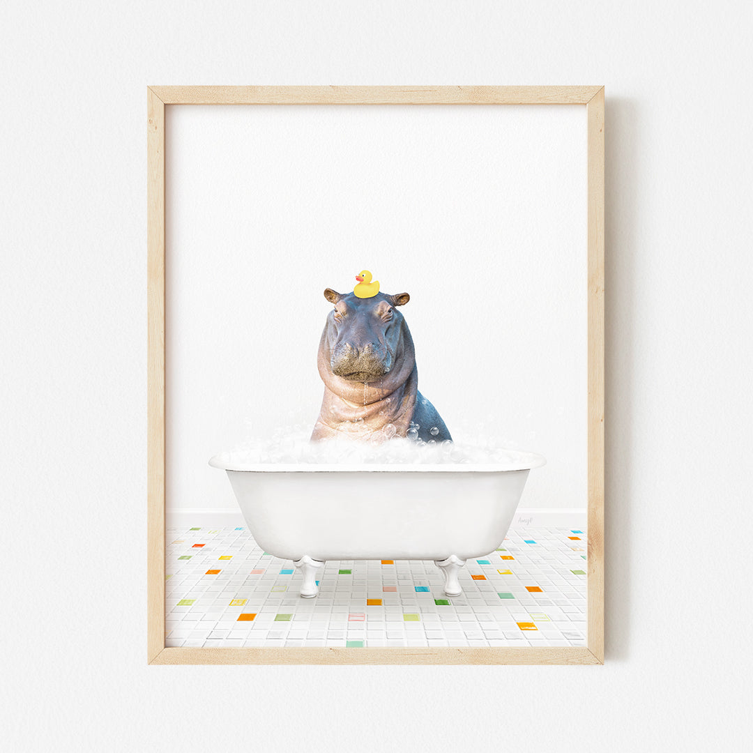 a hippo in a bathtub with a rubber duck on its head