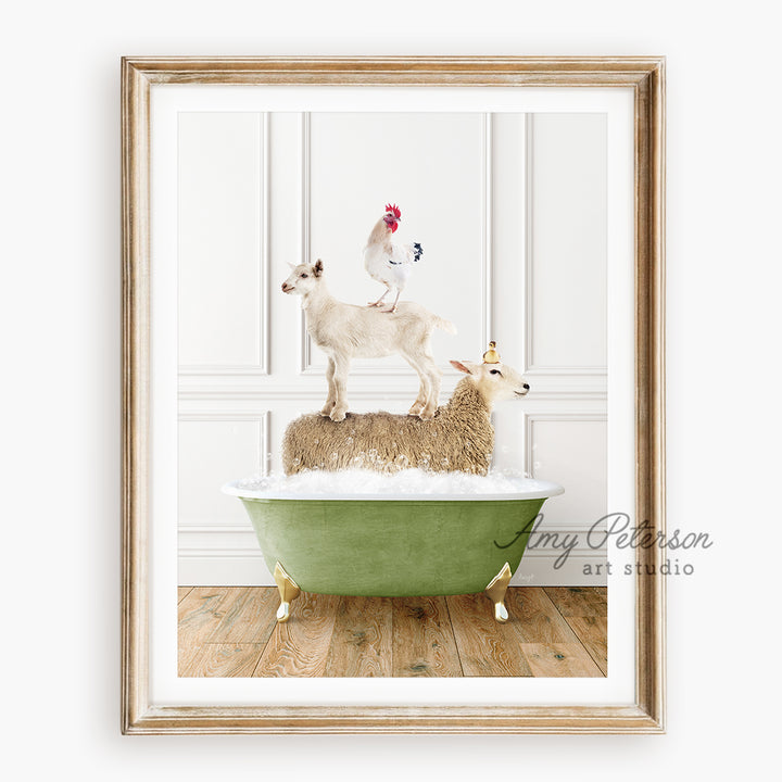 a picture of a goat and a chicken on top of a bathtub