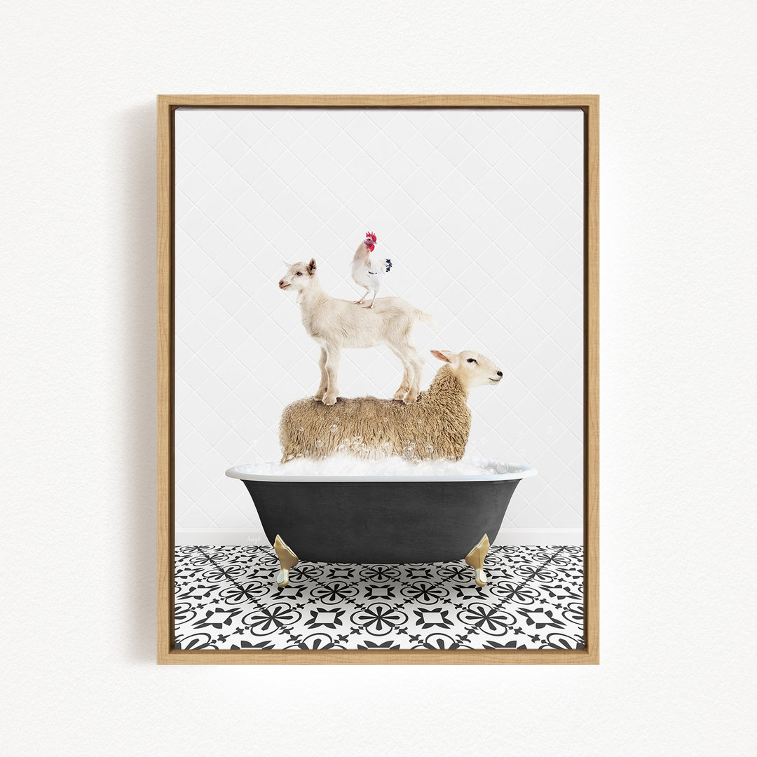 A framed image depicting a sheep standing on top of a bathtub filled with water, with a chicken perched on its back.