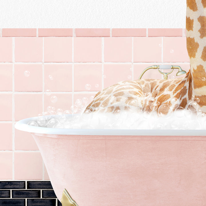 a giraffe sticking its head out of a bathtub