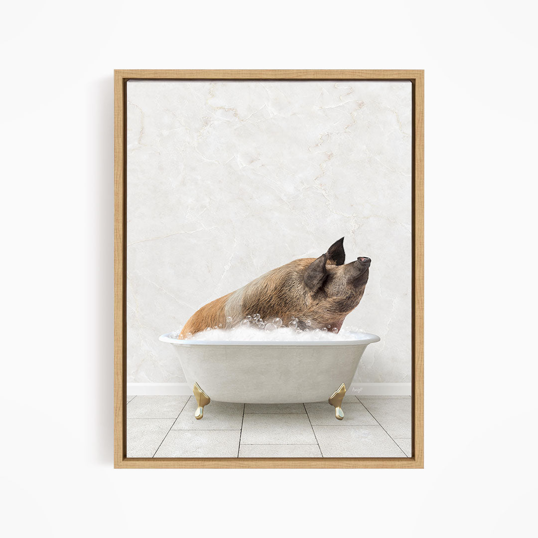 A brown pig sitting in a white bathtub filled with water, looking up with its head raised.