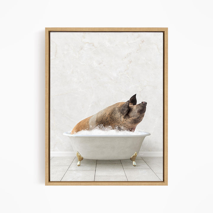 A brown pig sitting in a white bathtub filled with water, looking up with its head raised.