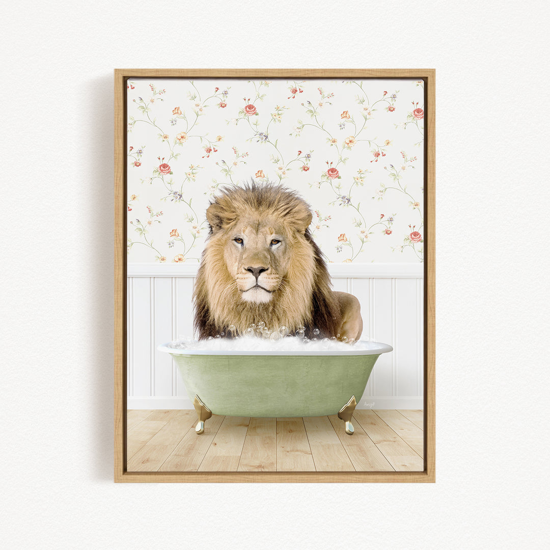 A lion is sitting in a green bathtub filled with water, surrounded by a floral wallpaper.