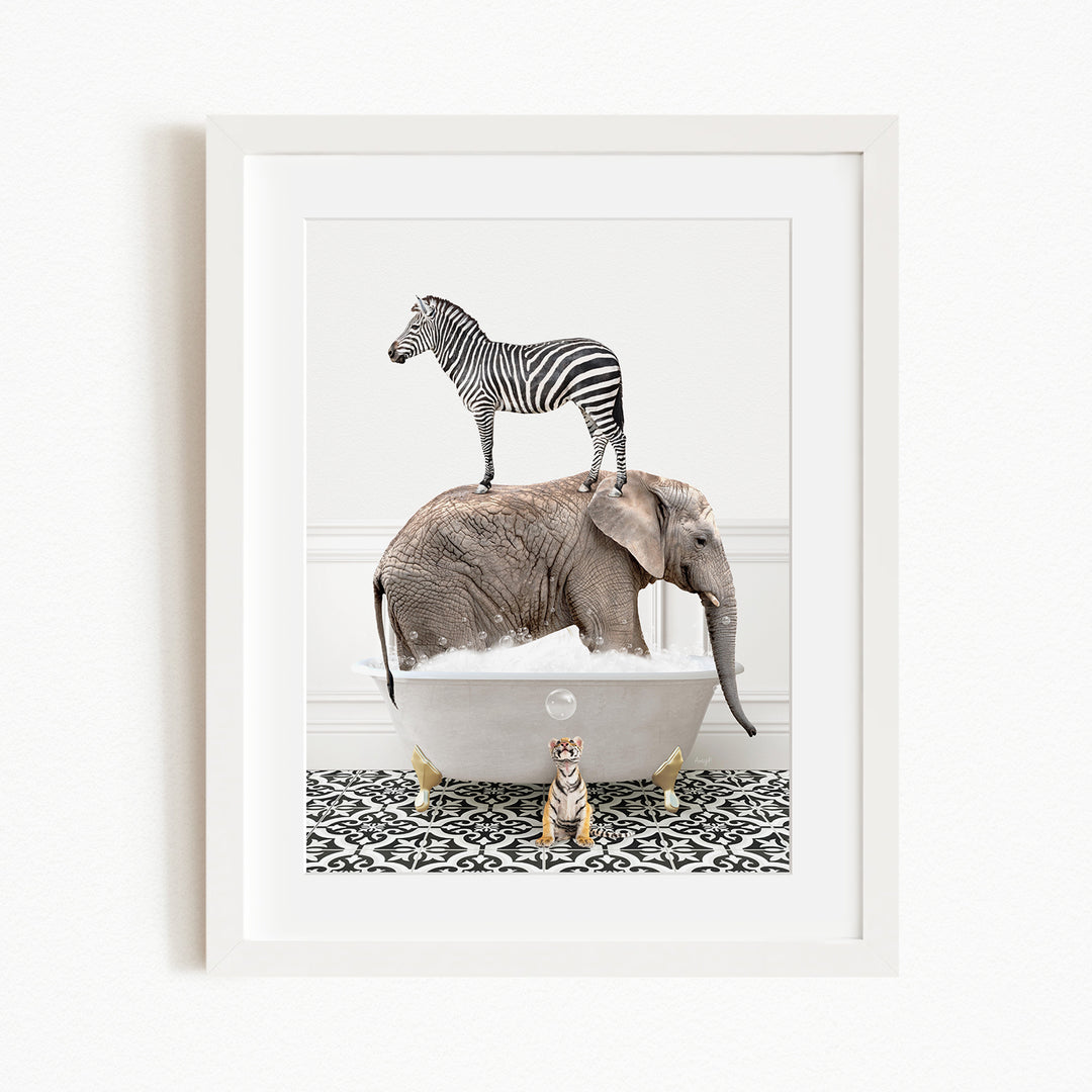 A zebra stands on top of an elephant in a bathtub, with a small tiger sitting nearby.