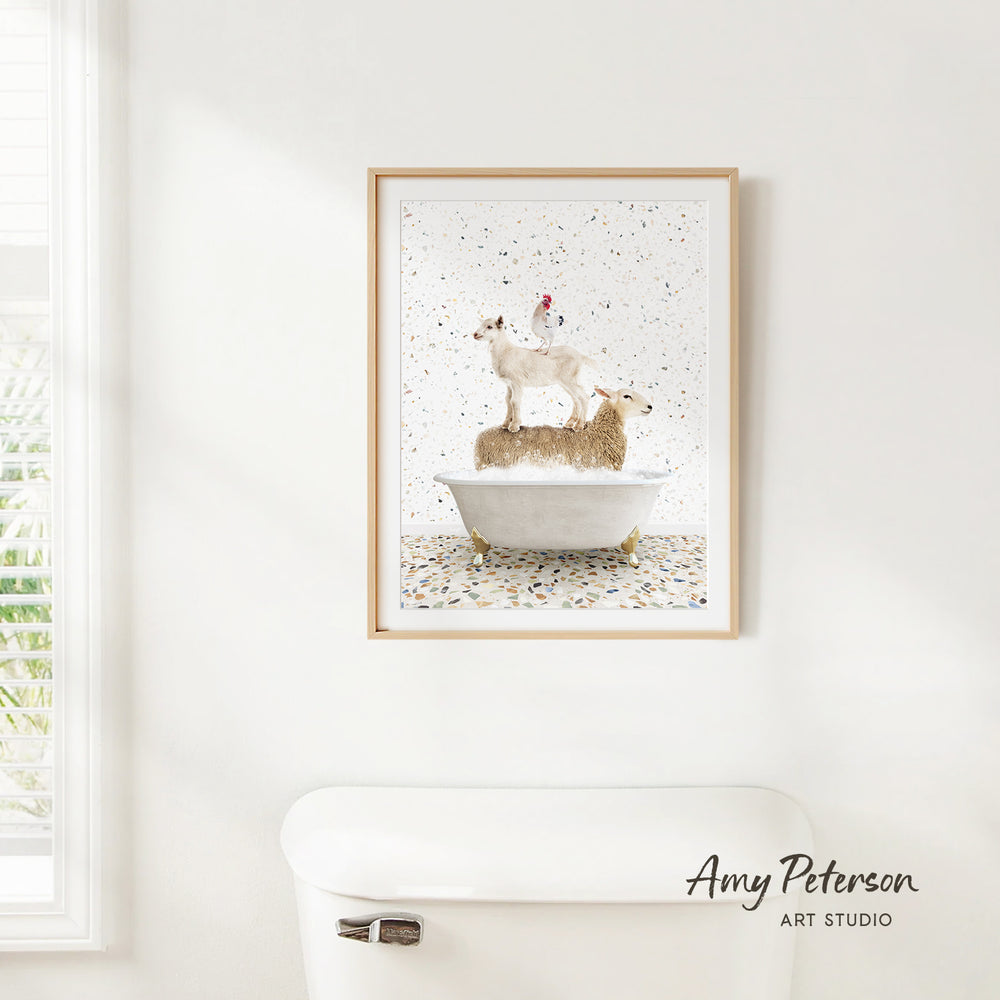 a framed painting of a dog standing on a bathtub filled with water, surrounded by confetti.