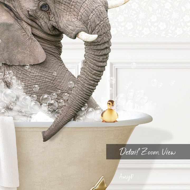 An elephant is taking a bath in a tub, with a small yellow duck sitting on the edge of the tub.