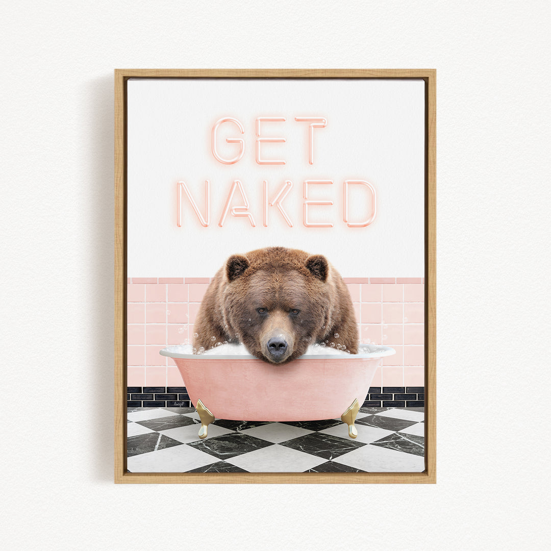 A brown bear sitting in a pink bathtub with the text "GET NAKED" displayed above it.