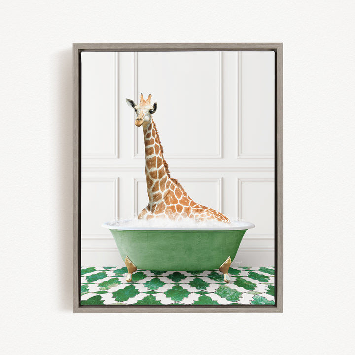 A giraffe sitting in a green bathtub filled with bubbles, creating a whimsical and playful scene.