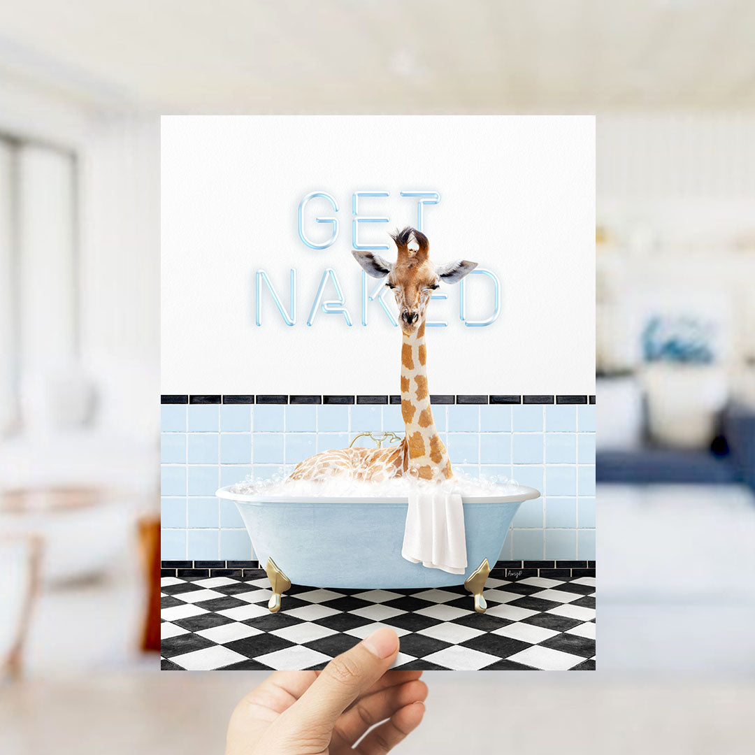 A giraffe sitting in a bathtub with a towel around its neck, and the words "GET NANED" written on the wall behind it.