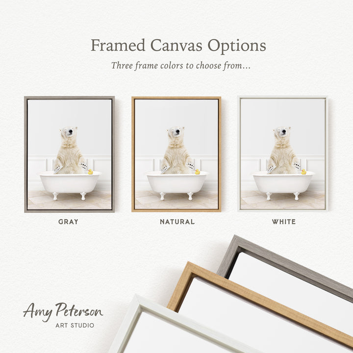 three framed canvas options, each featuring a polar bear sitting in a bathtub. The options include a gray frame, a natural frame, and a white frame.