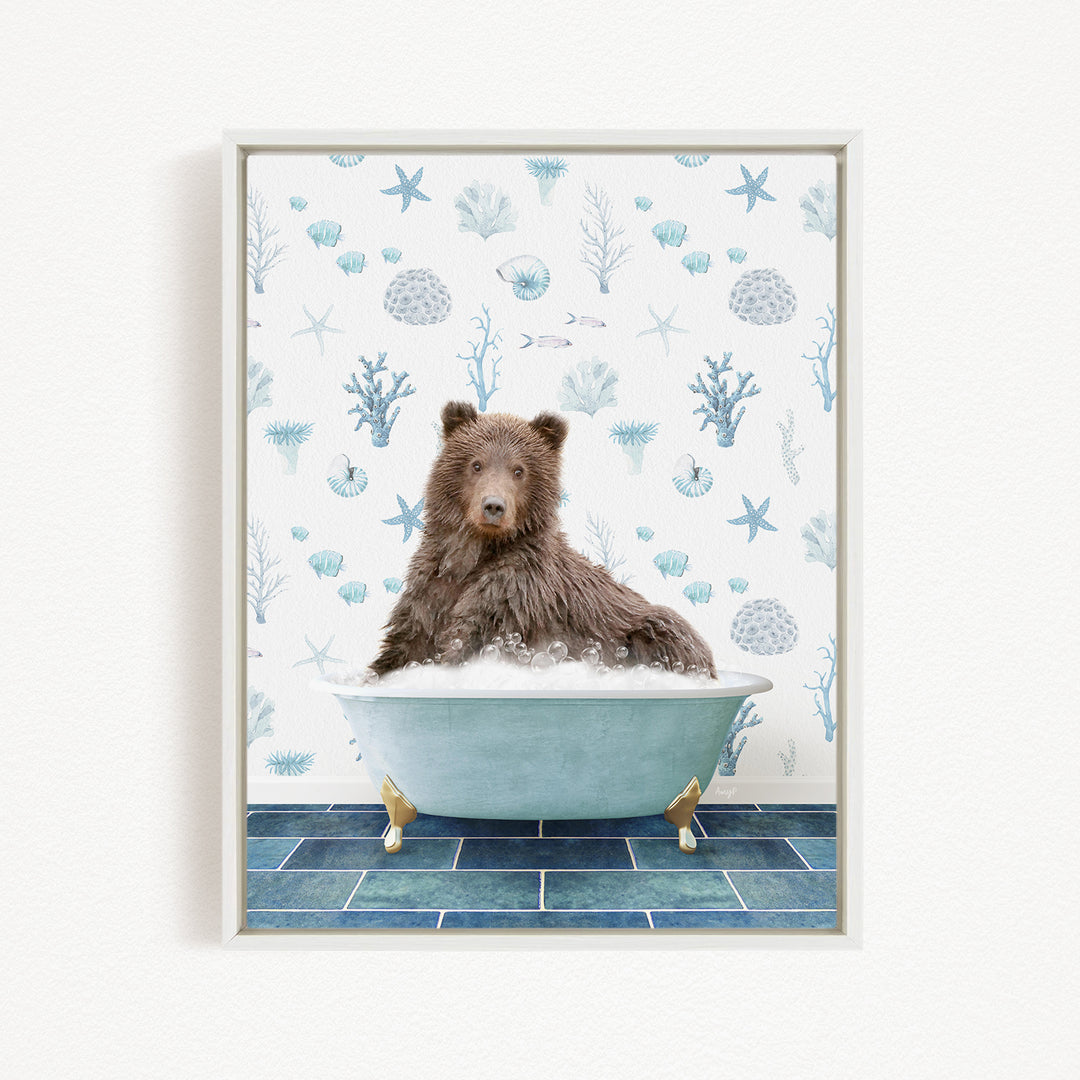 A brown bear sitting in a blue bathtub filled with bubbles, surrounded by a pattern of seashells, starfish, and other marine life.