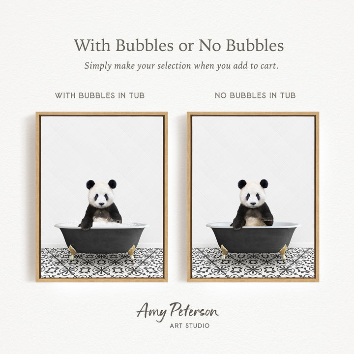 The image is a collage of two framed pictures, each featuring a panda bear sitting in a bathtub. The panda bear in the bathtub has bubbles, while the panda bear in the other bathtub does not have bubbles. The text above the images reads "With Bubbles or No Bubbles" and below the images, it says "Simply make your selection when you add to cart."